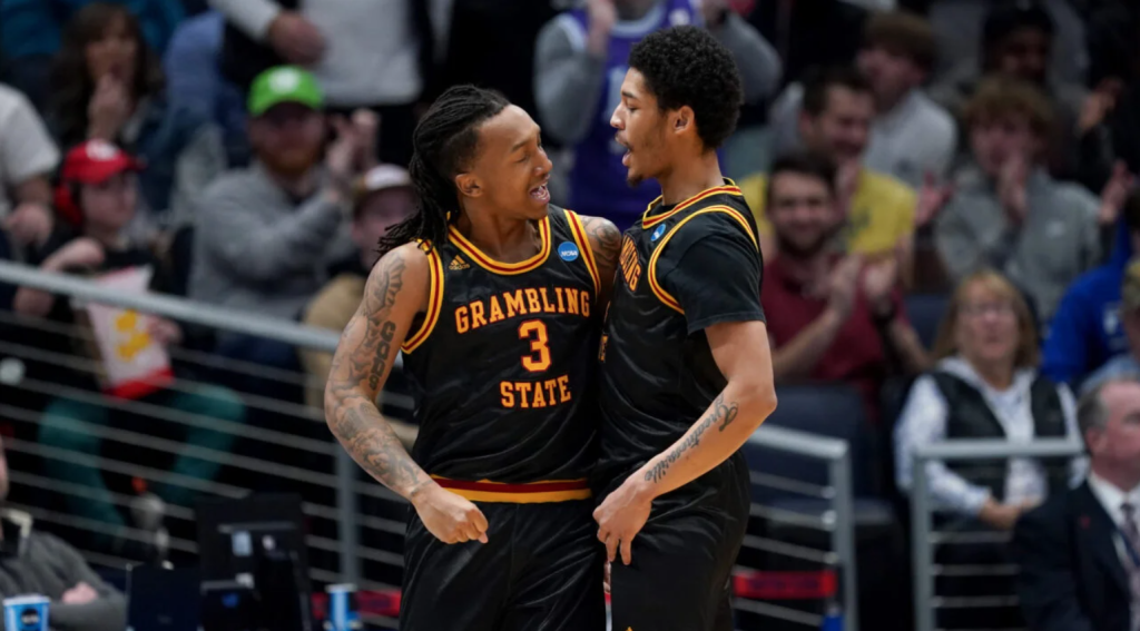 Mikale Stevenson #3 and Jimel Cofer #1 of the Grambling State Tigers